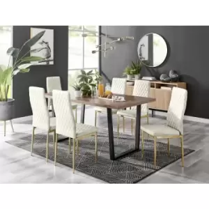 Image of Furniturebox UK - Furniturebox Kylo Brown Wood Effect Dining Table & 6 Cream Milan Velvet Dining Chairs With Gold Legs Diamond Stitch Modern