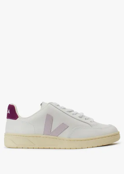 Image of Veja Womens V-12 Bi Colour Leather Trainers In Extra-White Parme Magenta