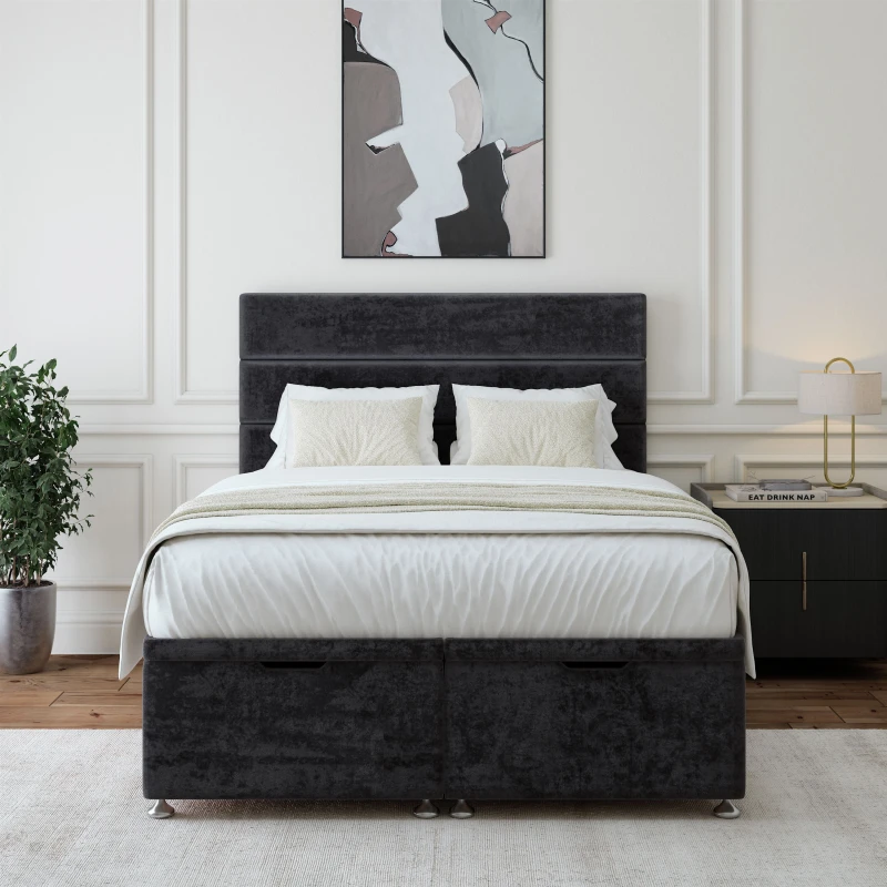 Image of Bedmaster Bedmaster Luxury Velvet Ottoman Divan Base And Lined Headboard in Black Size: Double Black Double Unisex 7867868923666