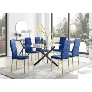 Image of Furniturebox UK - Furniturebox Leonardo 6 Black Leg Glass Dining Table and 6 Navy Milan Velvet Dining Chairs With Gold Legs Diamond Stitch Modern