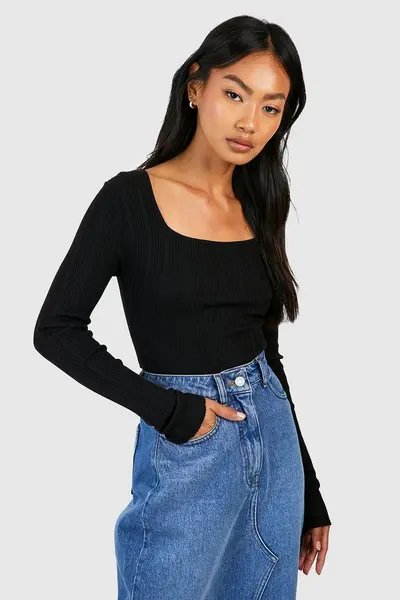 Image of boohoo Mixed Rib Square Neck Knitted Top Black