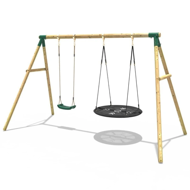 Image of Rebo Wooden Double Swing Set with Boat Swing - Meteorite Green Green