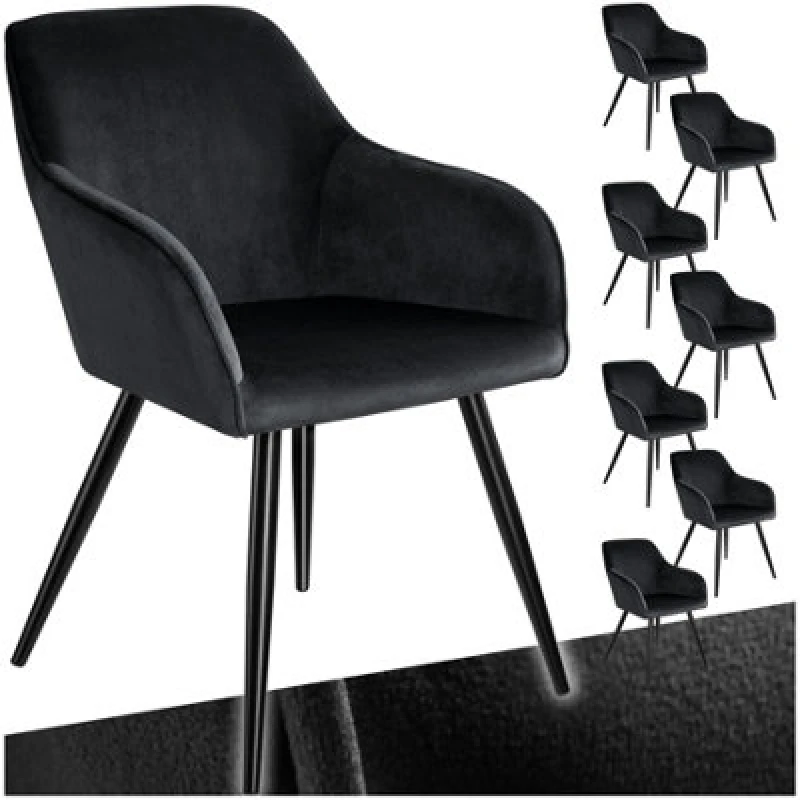 Image of Tectake Set Of 8 Dining Chair Marilyn - With Armrests, Padded, Velvet Look, Black Steel Legs - Black