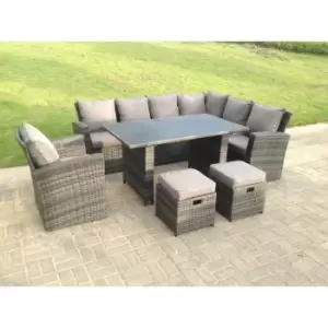Image of Fimous 7 Seater Outdoor Dark Grey Rattan Lounge Complete Sofa Set with Black Tempered Glass Dining Table and 2 Stools