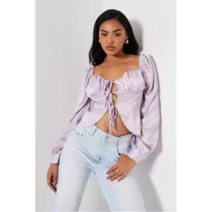 Image of I Saw It First Lilac Satin Tie Front Milkmaid Style Blouse - Purple