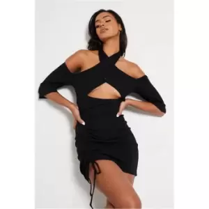 Image of I Saw It First Black Recycled Rib Ruched Front Halterneck Mini Dress - Black