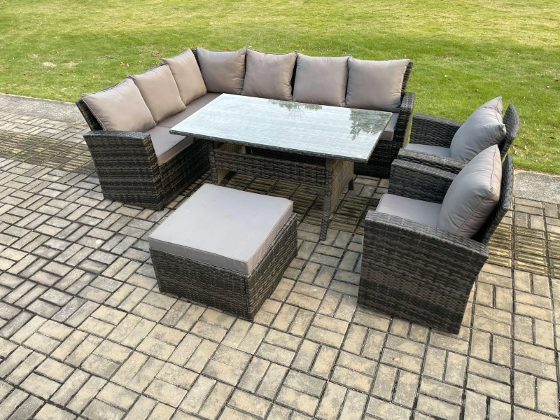 Image of Fimous 9 Seater High Back Rattan Garden Furniture Set Corner Sofa With Rectangular Dining Table 2 Arm Chairs Big Footstool in Dark Grey Dark Grey Unis