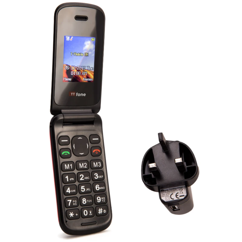 Image of TTfone Affordable Red Flip Mobile Phone, TTfone TT140, Unlocked, Mains Charger Included
