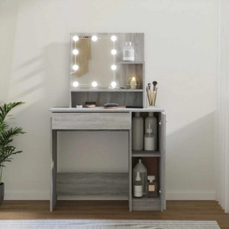 Image of vidaXL Dressing Table with LED Grey Sonoma 86.5x35x136 cm, Grey 820485