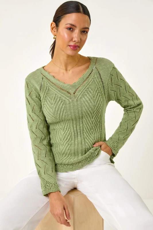 Image of Roman Womens Scallop V-Neck Knit Jumper in Khaki Size: 12 Khaki Female 12
