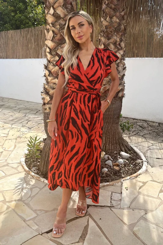 Image of AX Paris Womens Orange Tiger Print Flutter Sleeve Belted Wrap Midi Dress Size: 10 Orange Female 10