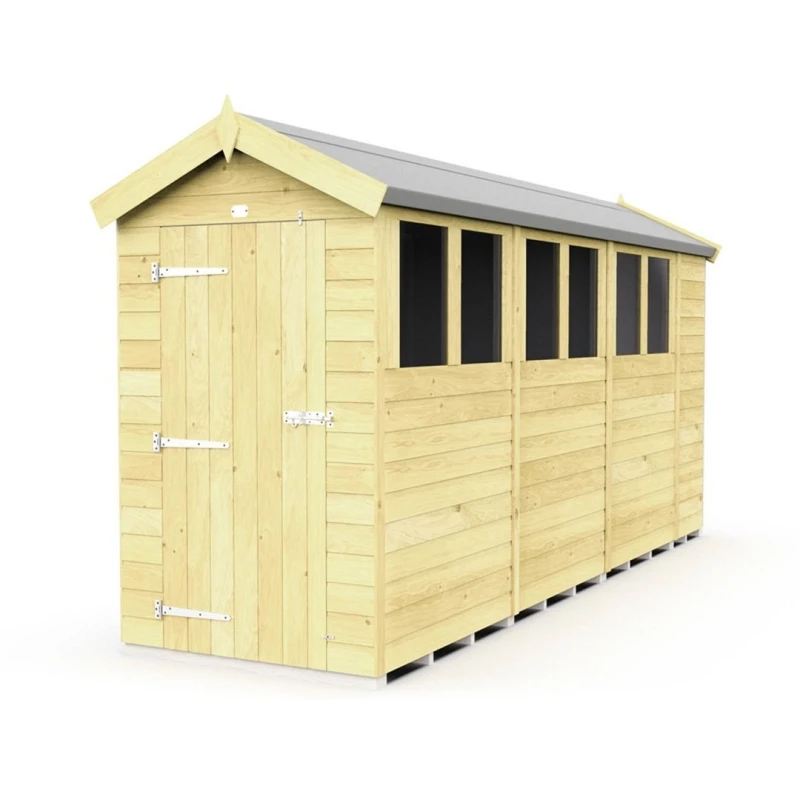 Image of Buttercup Farm 4 x 15 Feet Apex Shed - Single Door W/ Windows - L454 x W118 x H217cm in Brown Brown Unisex