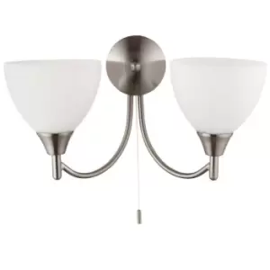 Image of Dimmable LED Twin Wall Light Satin Chrome & Frosted Glass Curved Lamp Lighting