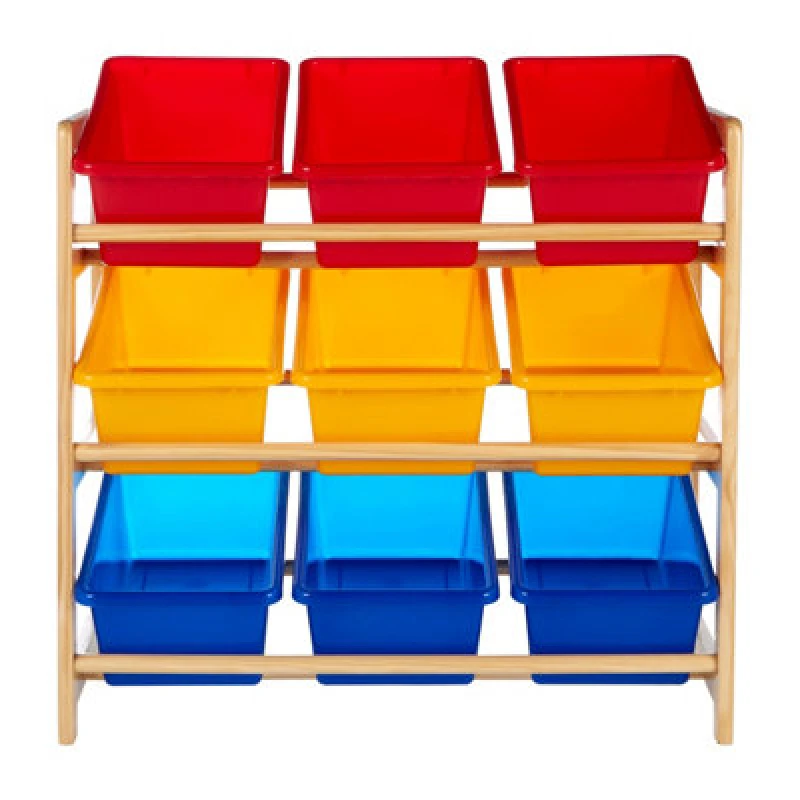 Image of Orsina 3 Tier Wooden Frame Storage Unit, Colourful Plastic Bins With Wooden Storage Unit, Toy Organiser For Kids