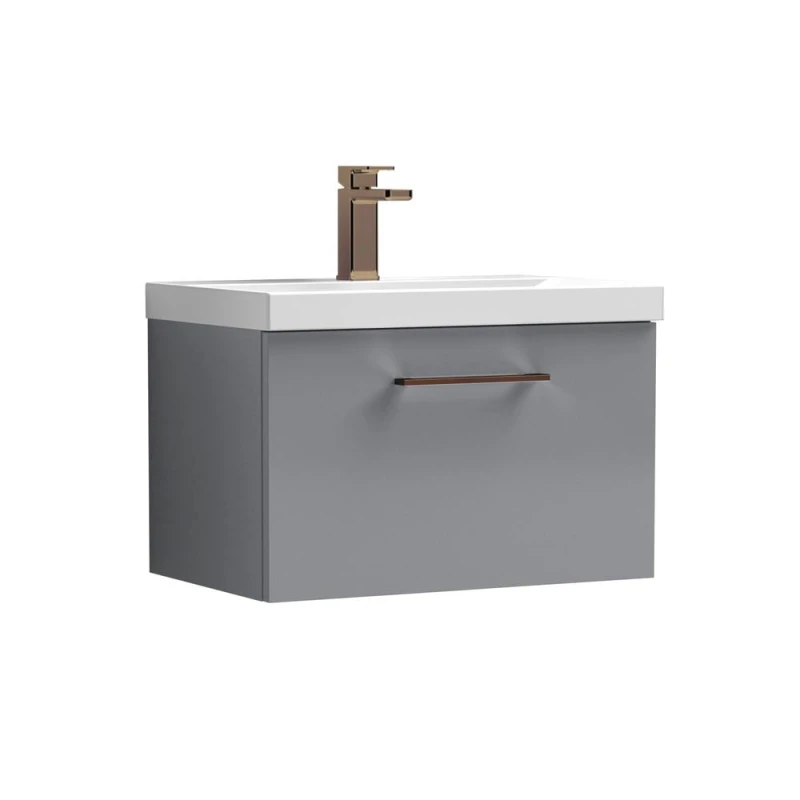 Image of Balterley 600mm Wall Hung 1 Drawer Vanity Basin Unit, Satin Grey, Bronze Handle in Grey Grey Unisex