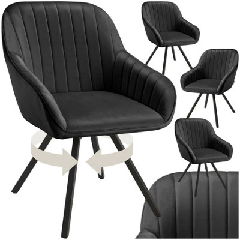Image of Tectake Set Of 4 Lounge Armchair Living Room Accent Chair 360 Swivel Slim Steel Legs Velvet Fabric - Black