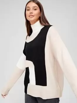 Image of Calvin Klein Cashmere Wool Mix Colour Block Roll Neck Jumper - Multi, Size Xs-S, Women
