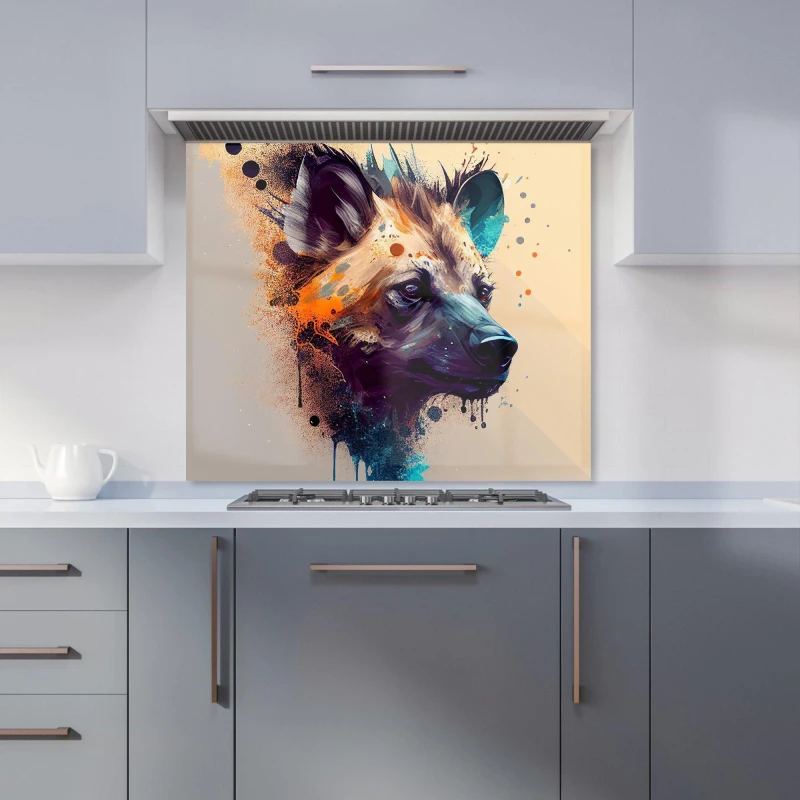 Image of Warren Reed - Designer Hyena Face Splashart Light Background Kitchen Splashback in Brown Size: 700mm x 750mm Brown Unisex 700mm x 750mm
