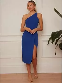 Image of Chi Chi London One Shoulder Split Detail Midi Dress In Blue Size 14, Women