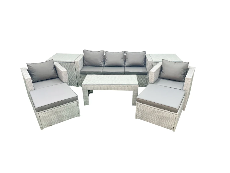 Image of Fimous Rattan Garden Furniture Set 7 Seater Outdoor Garden Sofa 2 Chairs Oblong Coffee Table Set with 2 Stools 2 Side Tables Light Grey Mixed Light Gr