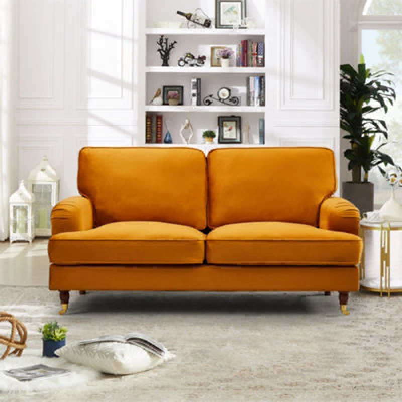 Image of Woodbury 158Cm Wide 2 Seat Orange Velvet Fabric Sofa Walnut Colour Legs With Brass Coloured Wheel