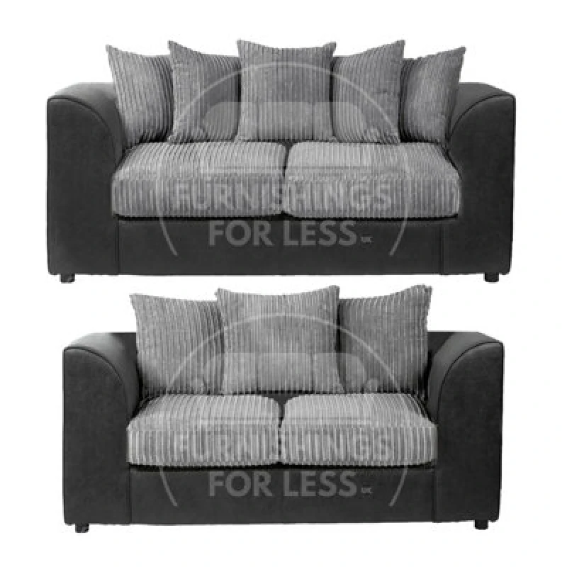 Image of Furnishings For Less UK Luxor Jumbo Cord 3 + 2 Black And Grey Fabric Sofa Suite