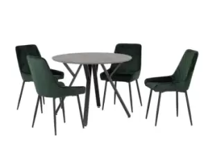 Image of Seconique Athens Concrete Effect Round Dining Table with 4 Avery Green Velvet Chairs