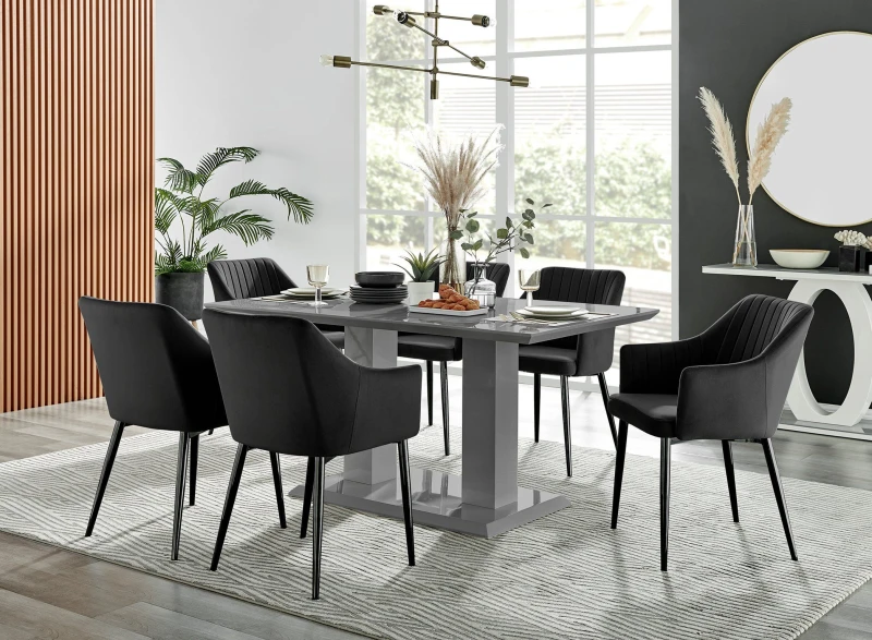 Image of FurnitureboxUK FurnitureboxUK Imperia High Gloss Grey Dining Table & 6 Calla Black Leg Chairs Black One Size Unisex 5056542686801