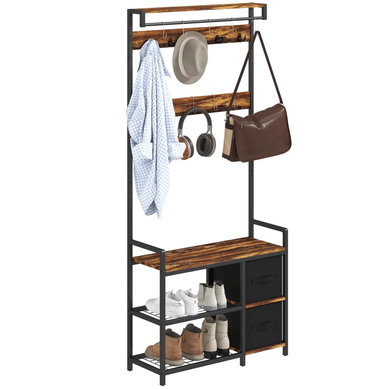 Image of HOMCOM Coat Rack with Drawer, 4-in-1 Hall Tree with Coat Stand, Rustic Brown Dark Brown