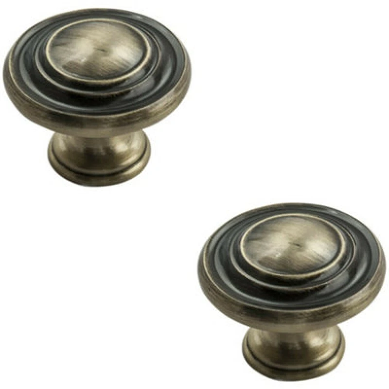 Image of Loops 2x Round Ringed Pattern Door Knob 32mm Diameter Antique Burnished Brass Handle Metallics unisex