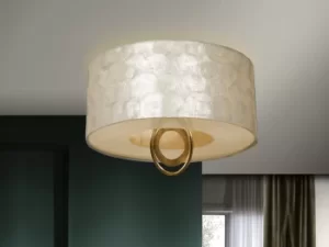 Image of Edan Semi Flush Ceiling Light Cylindrical, Gold, Black Leaf, Mother Of Pearl, 3x E27