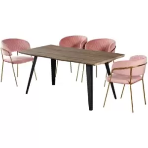 Image of Life Interiors - 5 Pieces Atarah Rocco Dining Set - a Walnut Rectangular Dining Table and Set of 4 Pink Dining Chairs - Pink