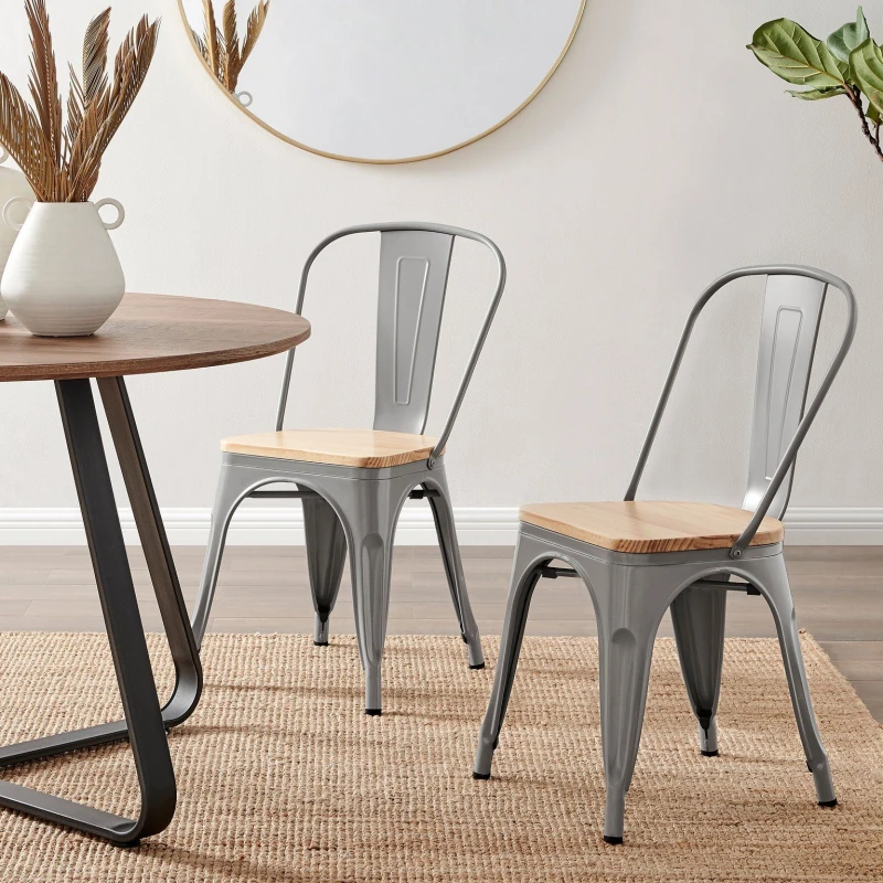 Image of FurnitureboxUK FurnitureboxUK Set of 2 Colton Industrial Steel Stackable Tolix Style Dining Chairs With Pine Seats in Grey Grey One Size Unisex 505654