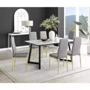 Image of Furniturebox UK - Furniturebox Carson White Marble Effect Rectangular 160cm Dining Table & 6 Grey Milan Gold Leg Faux Leather Chairs
