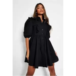 Image of I Saw It First Black Cotton Poplin Puff Sleeve Frill Detail Smock Dress - Black
