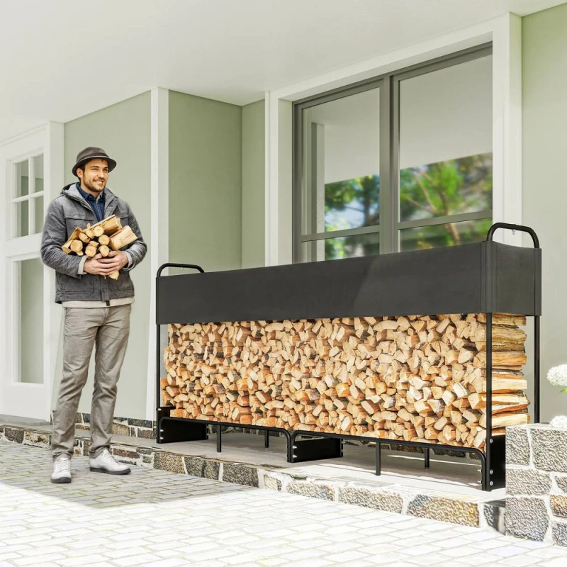 Image of Outsunny 8.5ft Firewood Rack, Log Storage Holder with Waterproof Cover, Black 842-439V00BK