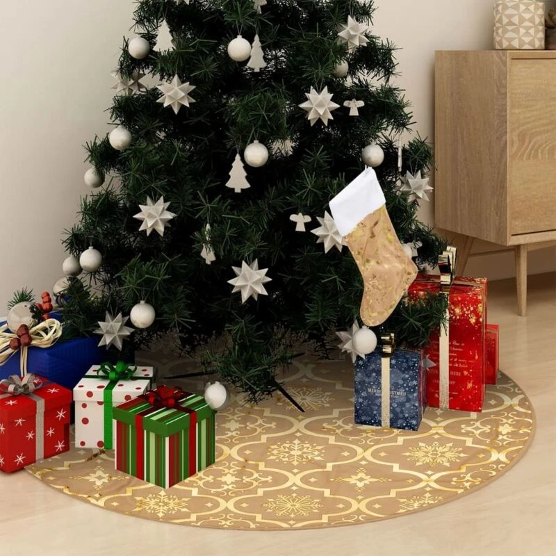 Image of VIDAXL Vidaxl - Luxury Christmas Tree Skirt with Sock Yellow 150cm Fabric 8720286446010
