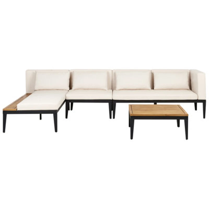 Image of Beliani Garden Corner Sofa With Table 4 Seater Bracciano Right Hand Certified Acacia Wood Light Beige