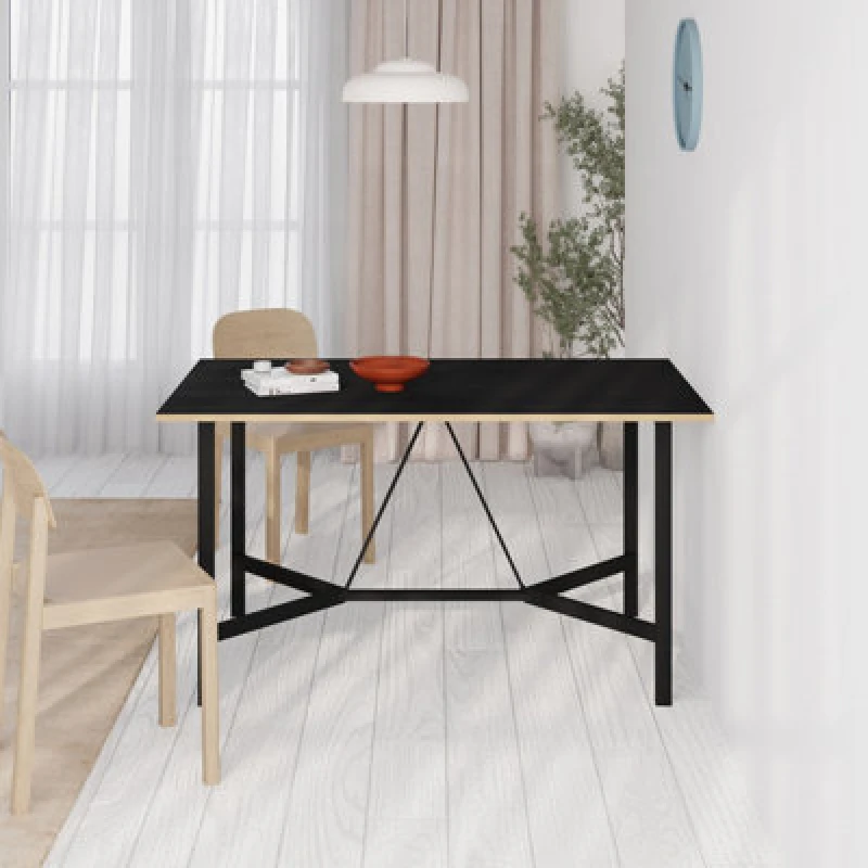 Image of Decortie Modern Dalma Rectangle Dining Table 6 Seater Kitchen Table 140(D)Cm W/metal Legs For Indoor Black Wood, Oak