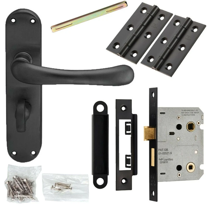 Image of Loops Door Handle & Bathroom Lock Pack Matt Black Smooth Round Lever Turn Backplate Black