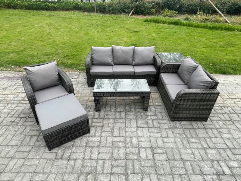 Image of Fimous 7 Seater Outdoor Rattan Garden Furniture Set Rattan Lounge Sofa Set with Rectangular Coffee Table Reclining Chair Big Footstool Side Table Dark