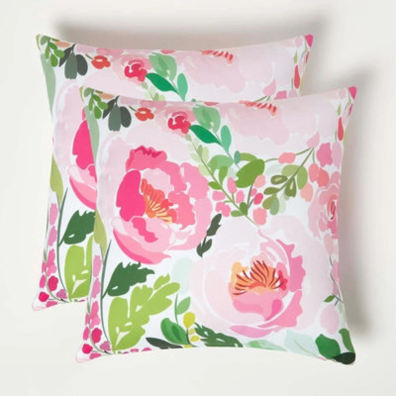 Image of Homescapes Pink Peony Outdoor Cushion 45 x 45 cm, Set of 2 Pink