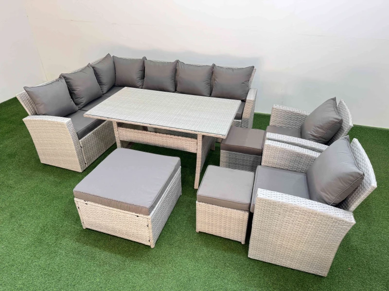 Image of Fimous 11 Seater Rattan Garden Furniture Set Table 2 Chairs 3 Footstools in Light Grey Light Grey Unisex