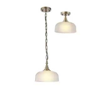 Image of DeRuyter Flush, Single Ceiling Pendant, Adjustable E27, Antique Brass, Prismatic Glass