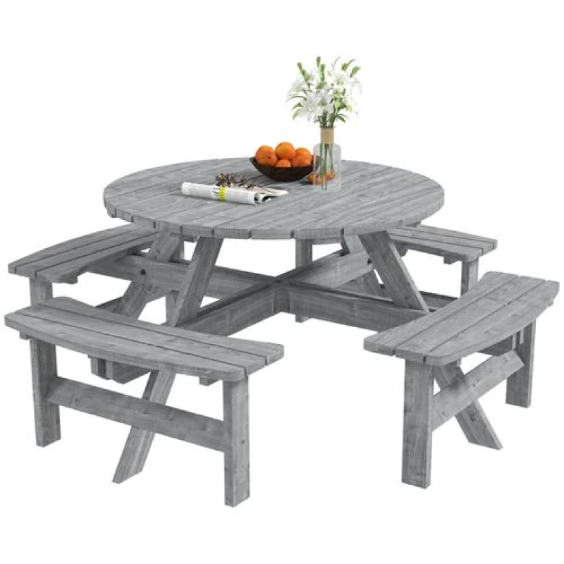Image of Outsunny 8 Seat Outdoor Wooden Picnic Table with Bench, Parasol Hole, Grey 84B-192V00GY