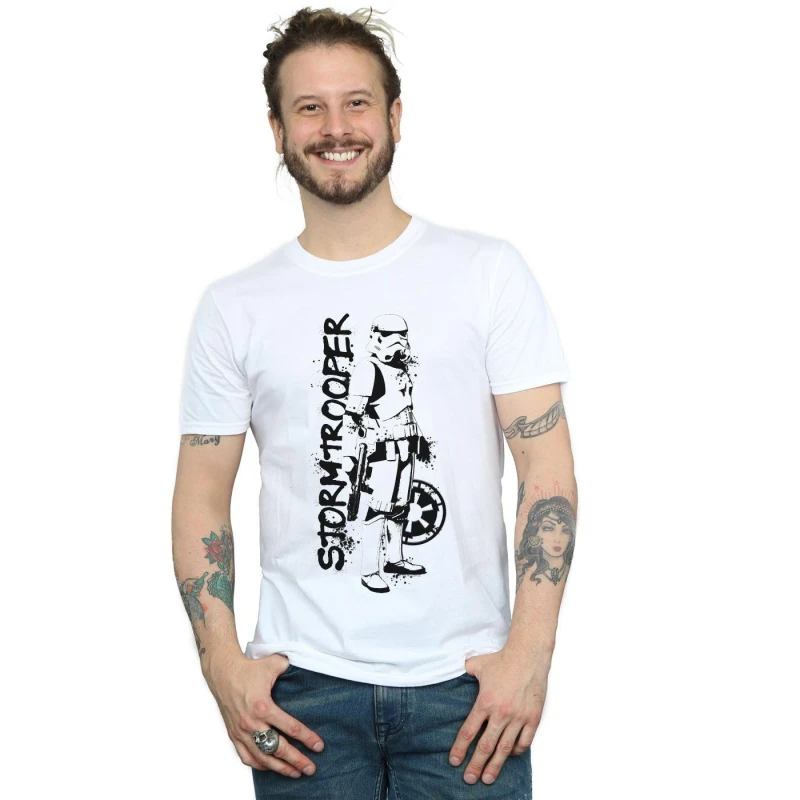 Image of Star Wars Star Wars Men The Mandalorian Splat Stormtrooper T-Shirt in White Size: Small White S Male 5059568223531