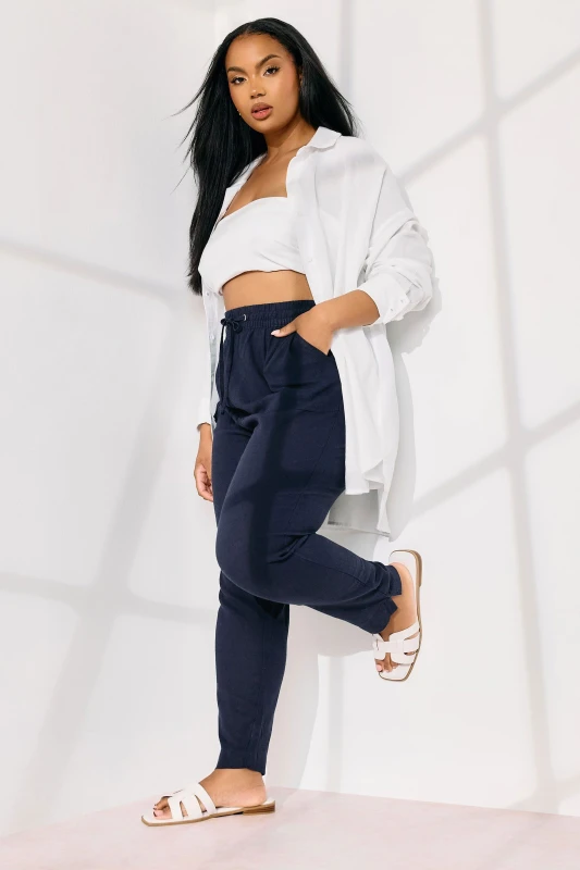 Image of Yours Womens Linen Tie Front Joggers in Dark Navy Size: 30-32 Dark Navy Female 30-32