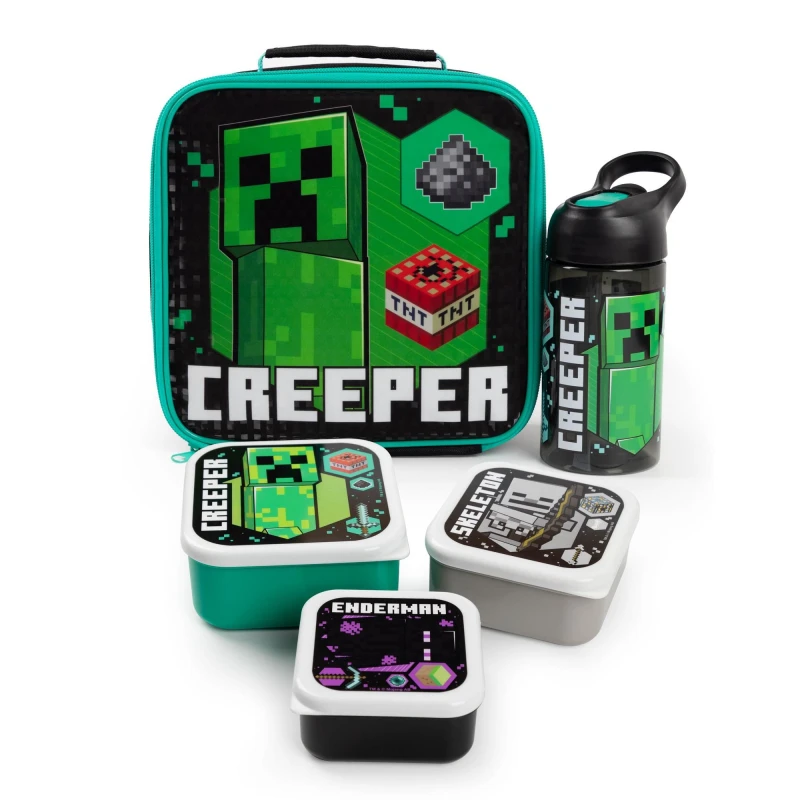 Image of Minecraft Lunch Bag Bottle and 3 Snack Pot Black