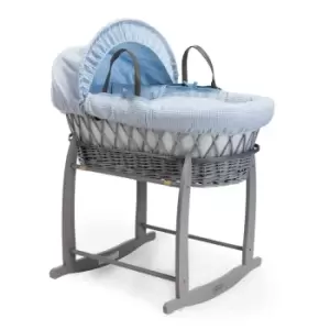 Image of Clair de Lune Waffle Grey Wicker Moses Basket in Blue & Grey Deluxe Rocking Stand - Blue