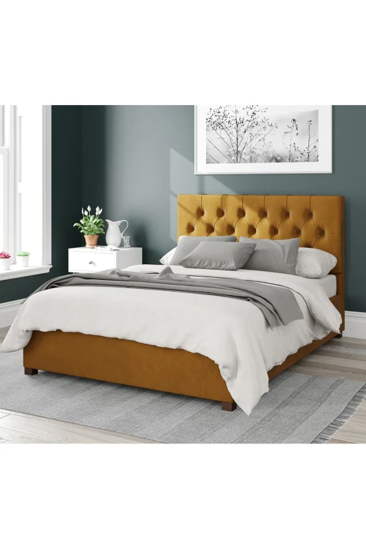 Image of Aspire Aspire Olivier Upholstered Ottoman Storage Bed, Plush Velvet Fabric in Mustard Size: Double Mustard Double Unisex 5057632167613